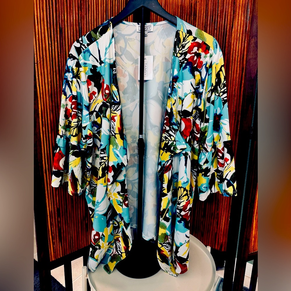 Tamsy White Blue Green Floral Cardigan Topper 3/4 Sleeve Women's Plus Si…